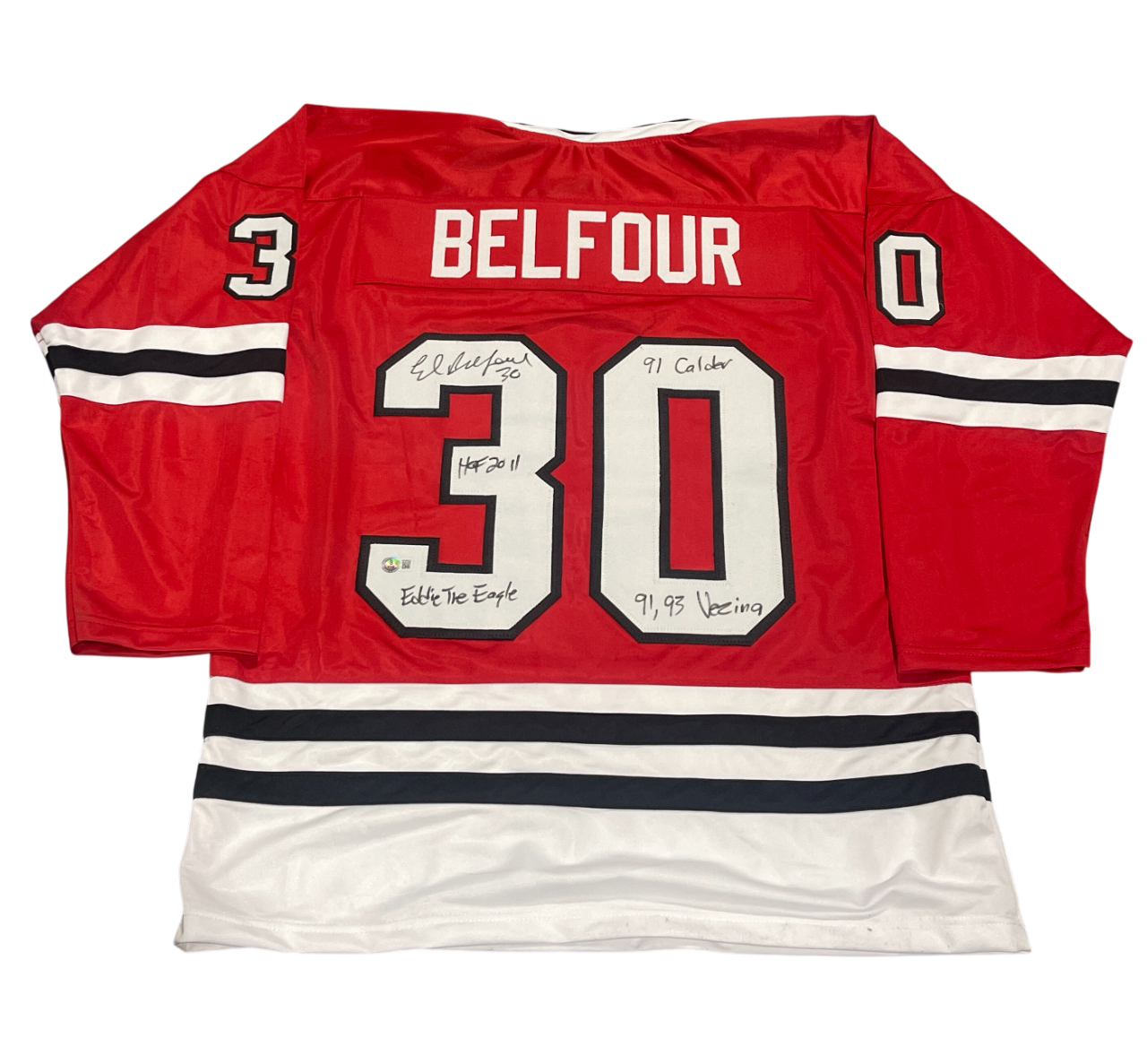 Ed Belfour Signed Chicago Blackhawks Custom Jersey w/ 4 Insc Beckett Wit BAS COA0