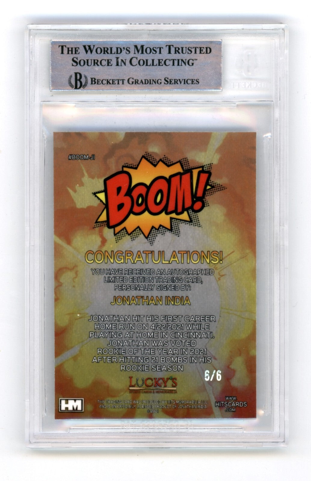 Jonathan India 2022 Hits Memorabilia BOOM Silver #/6 RC Signed BGS BAS Auto Reds1