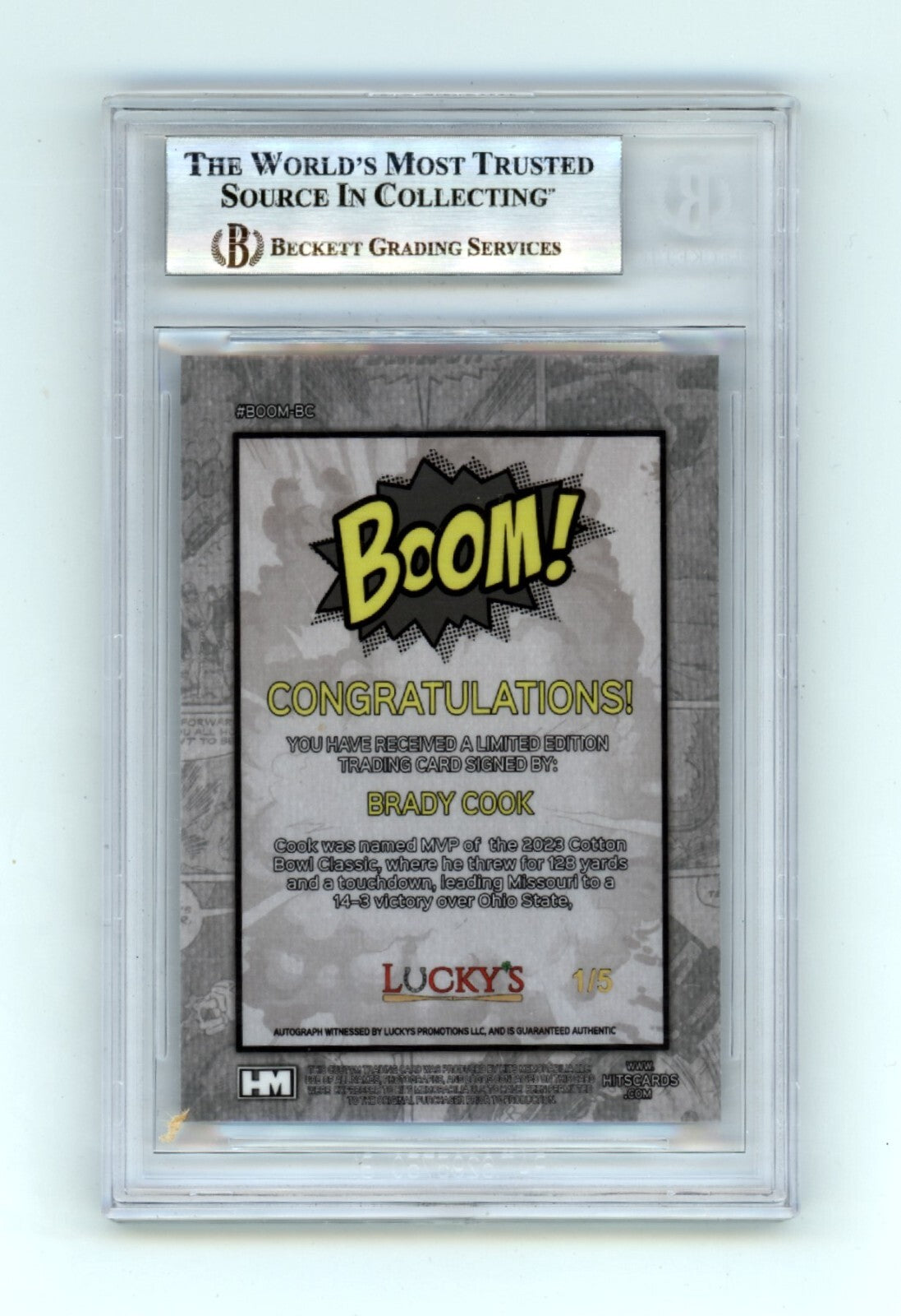 Brady Cook 2024 Hits Memorabilia BOOM Blue #/5 Signed BGS BAS Auto Missouri1
