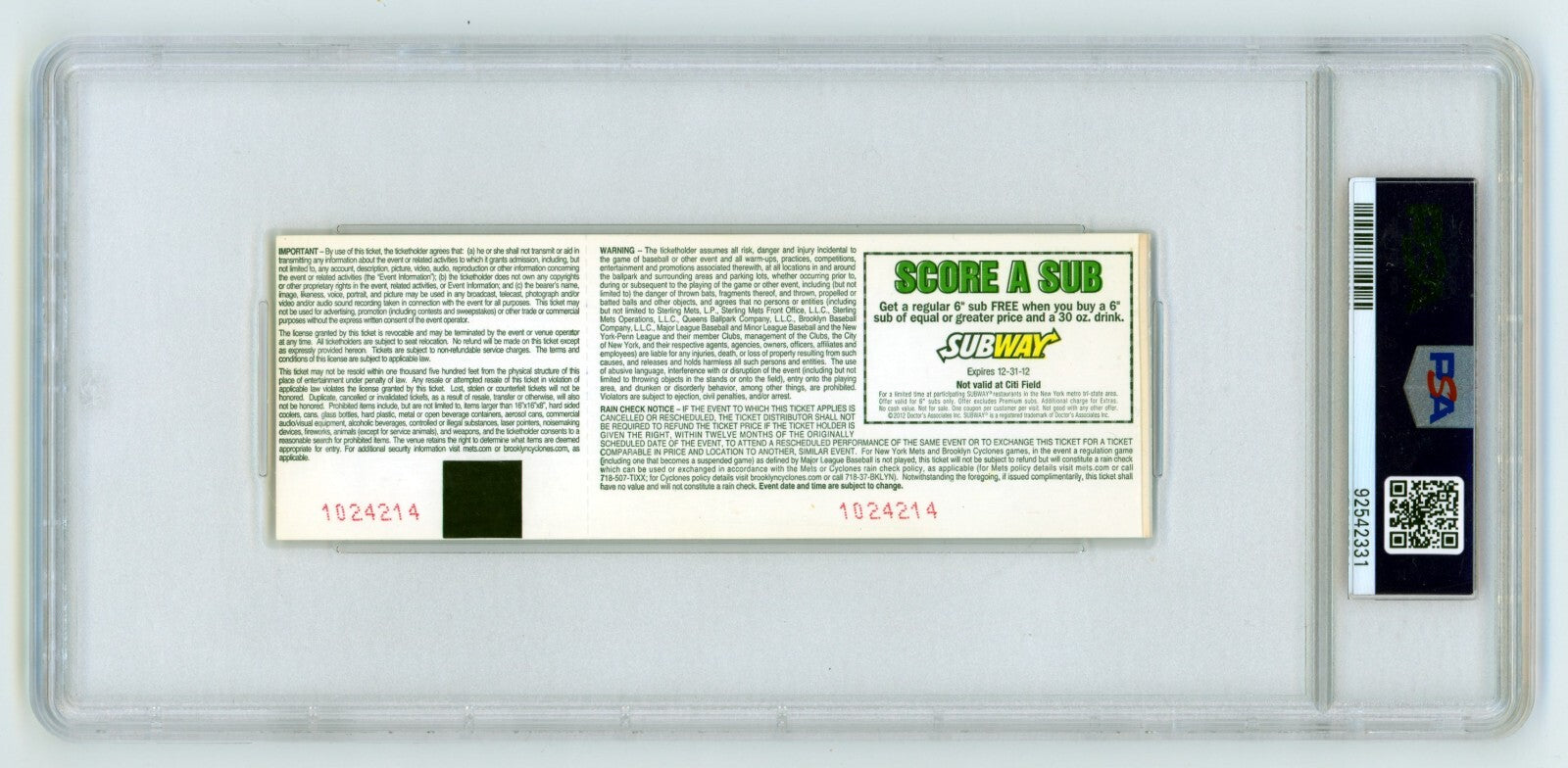 Johan Santana Signed Mets 1st No-Hitter Full Ticket 6/1/2012 PSA Authentic Auto1