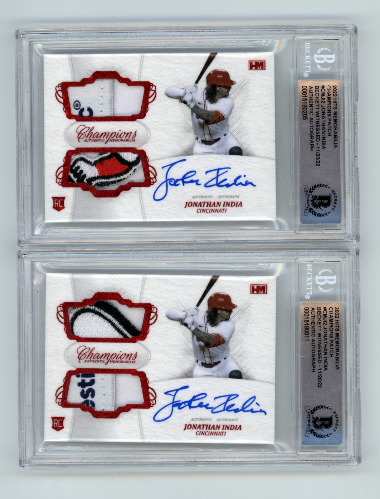 Jonathan India 2021 Hits Memorabilia Champions Red Patch Dual Auto RC /2 BGS BAS0