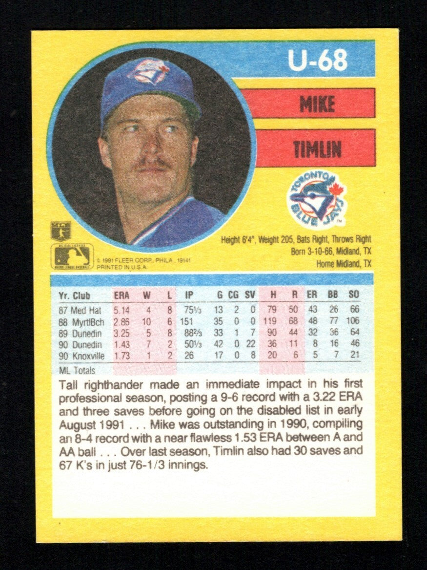 Mike Timlin Signed Auto 1991 Fleer Update #U-68 Rookie RC LSCM COA Blue Jays1