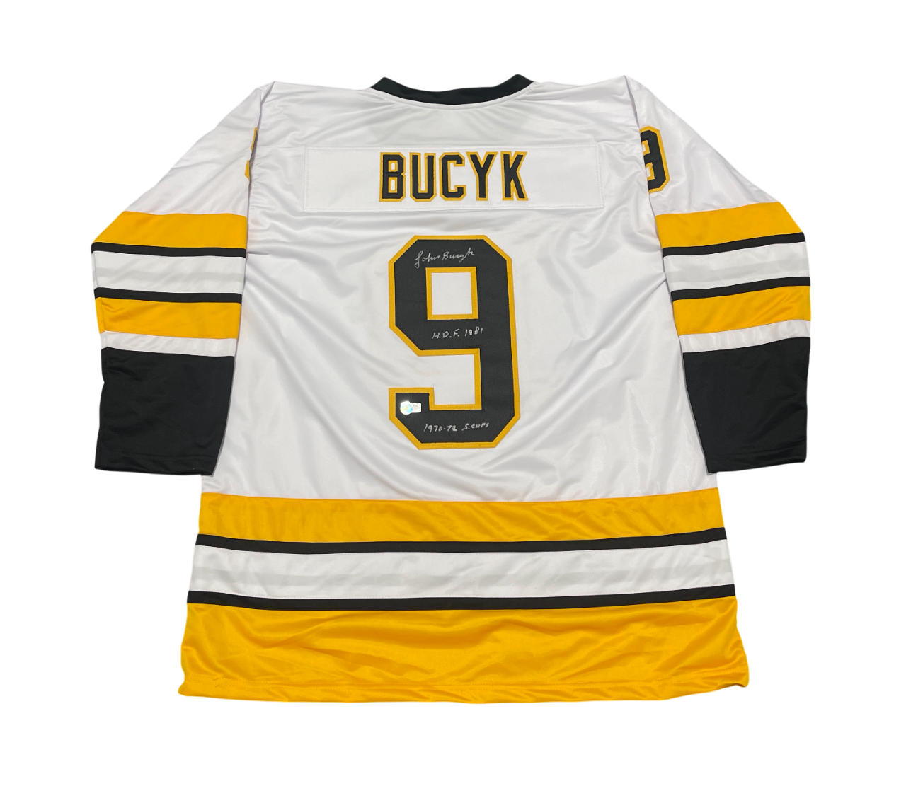 Johnny Bucyk Signed Boston Bruins Custom Jersey w/ HOF + SC Beckett BAS COA0