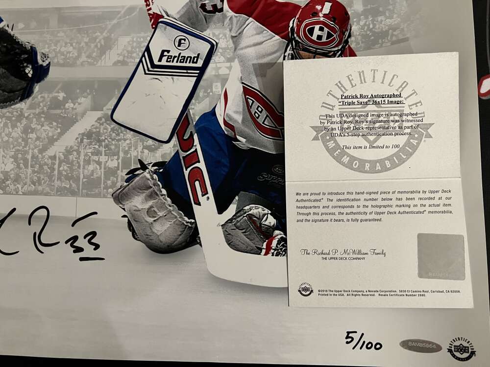 Patrick Roy Signed Auto 36x15 Photo "Triple Save" 5/100 Upper Deck UDA COA2