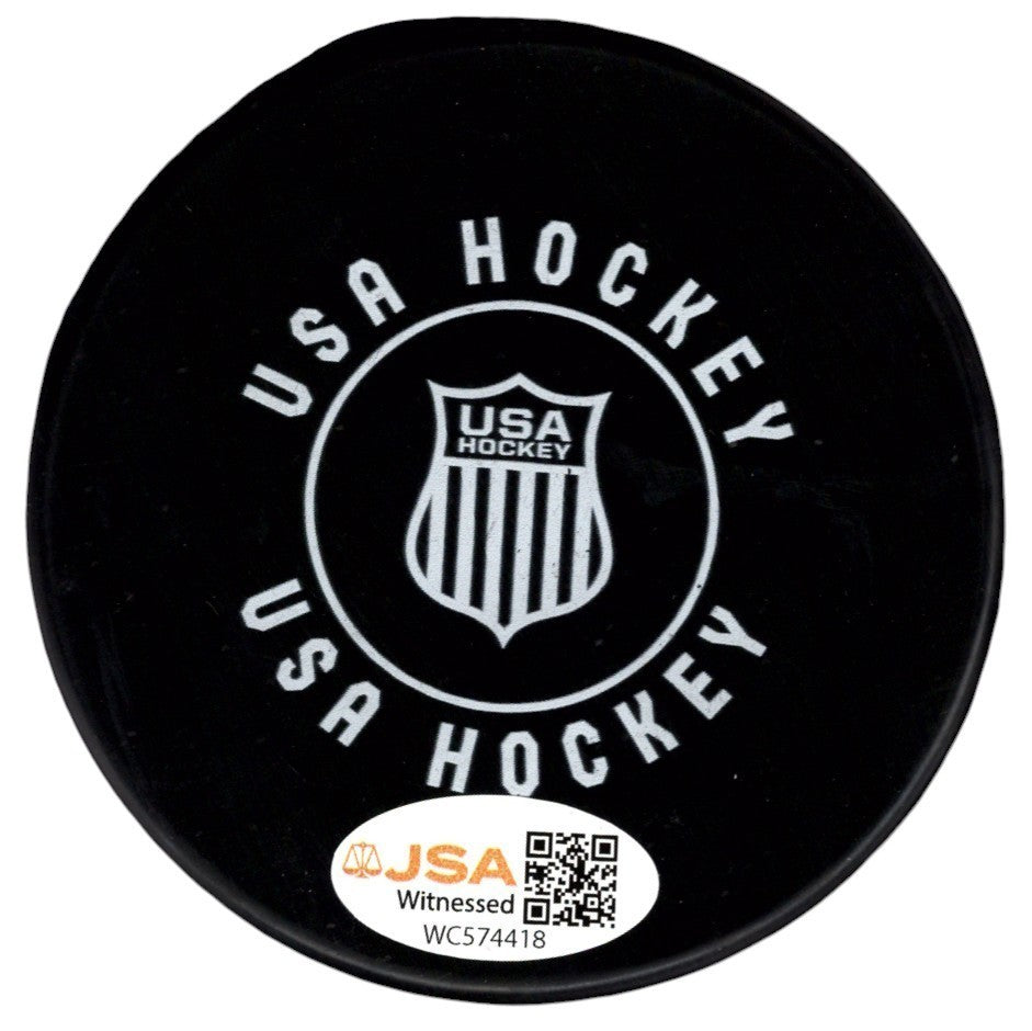 Aerin Frankel Signed USA Hockey Double Gold Medal Puck JSA Witness COA1