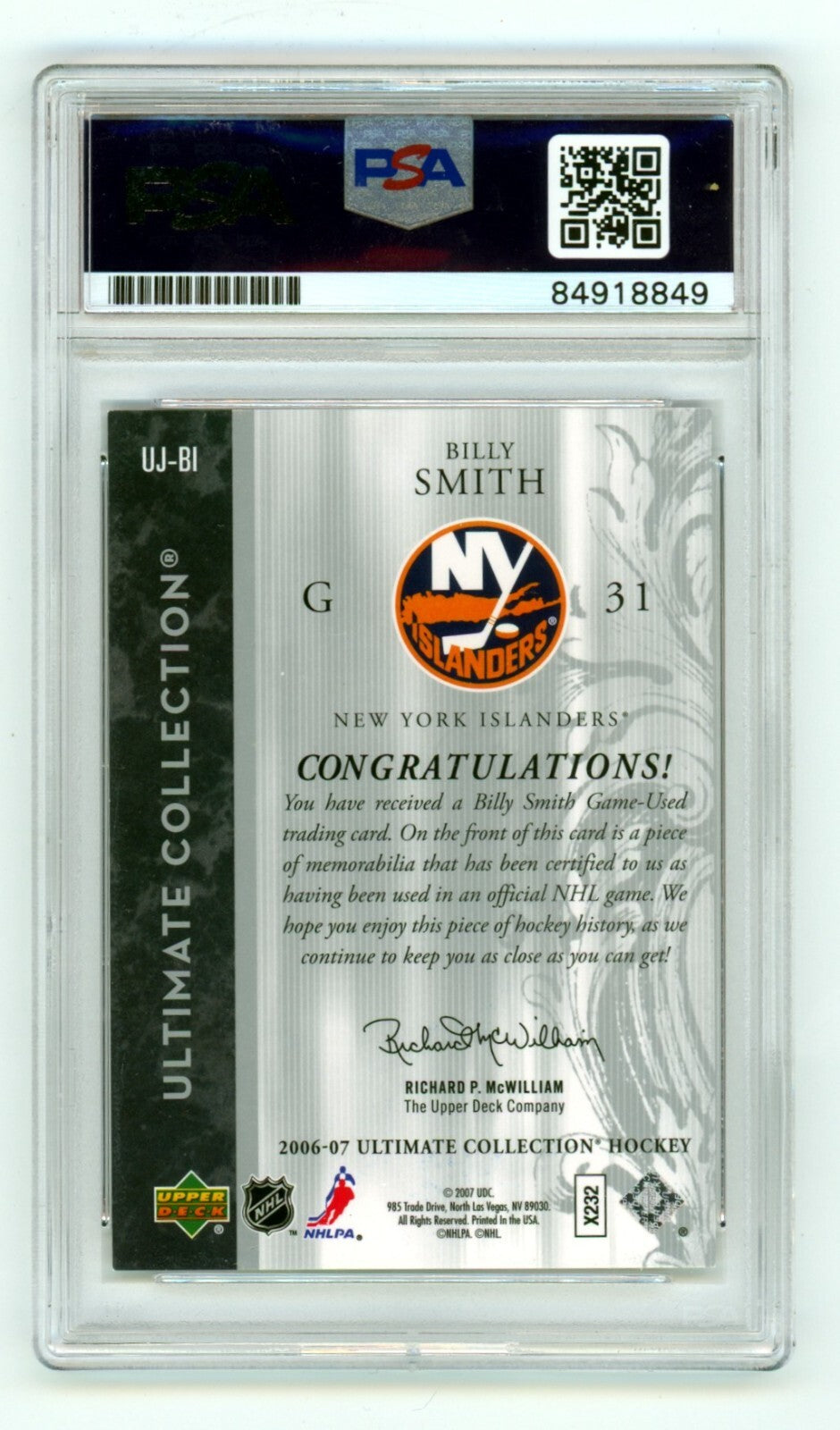 Billy Smith 2006-07 UD Ultimate Collection #UJ-BI Relic Signed HOF /200 PSA Auto1