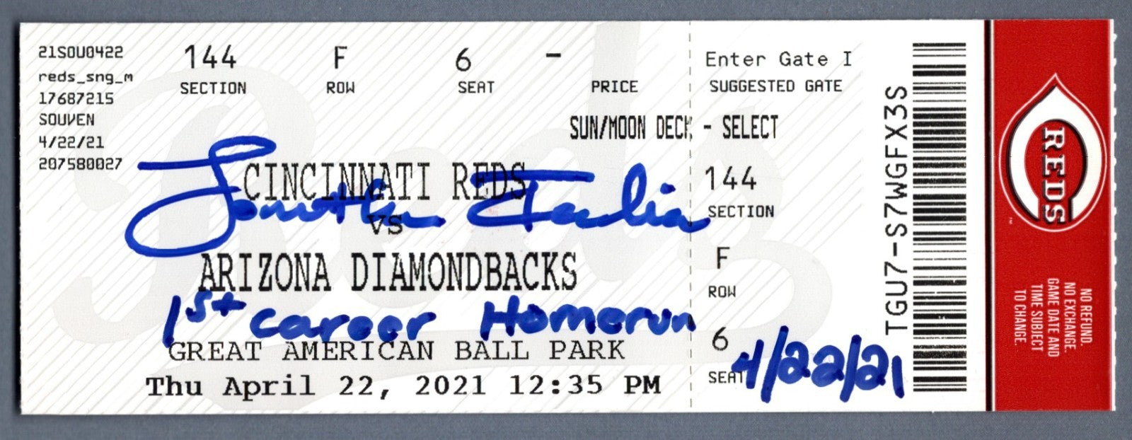 Jonathan India Signed Auto 1st Homerun Ticket 4/22/21 JSA COA & India HOLO0