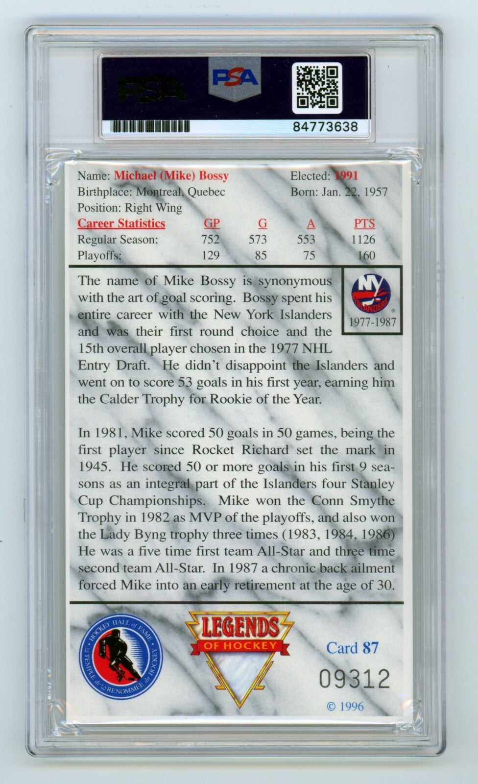 Mike Bossy Signed Autographed 1996 Legends of Hockey Postcard #87 PSA Auth. Auto1