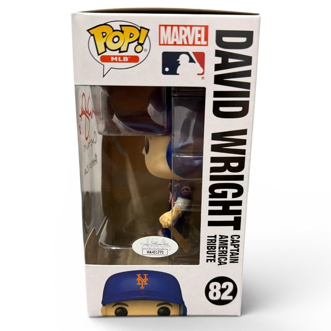 David Wright Signed Citi Field SGA Funko Pop #82 w/ Captain America Insc JSA COA4