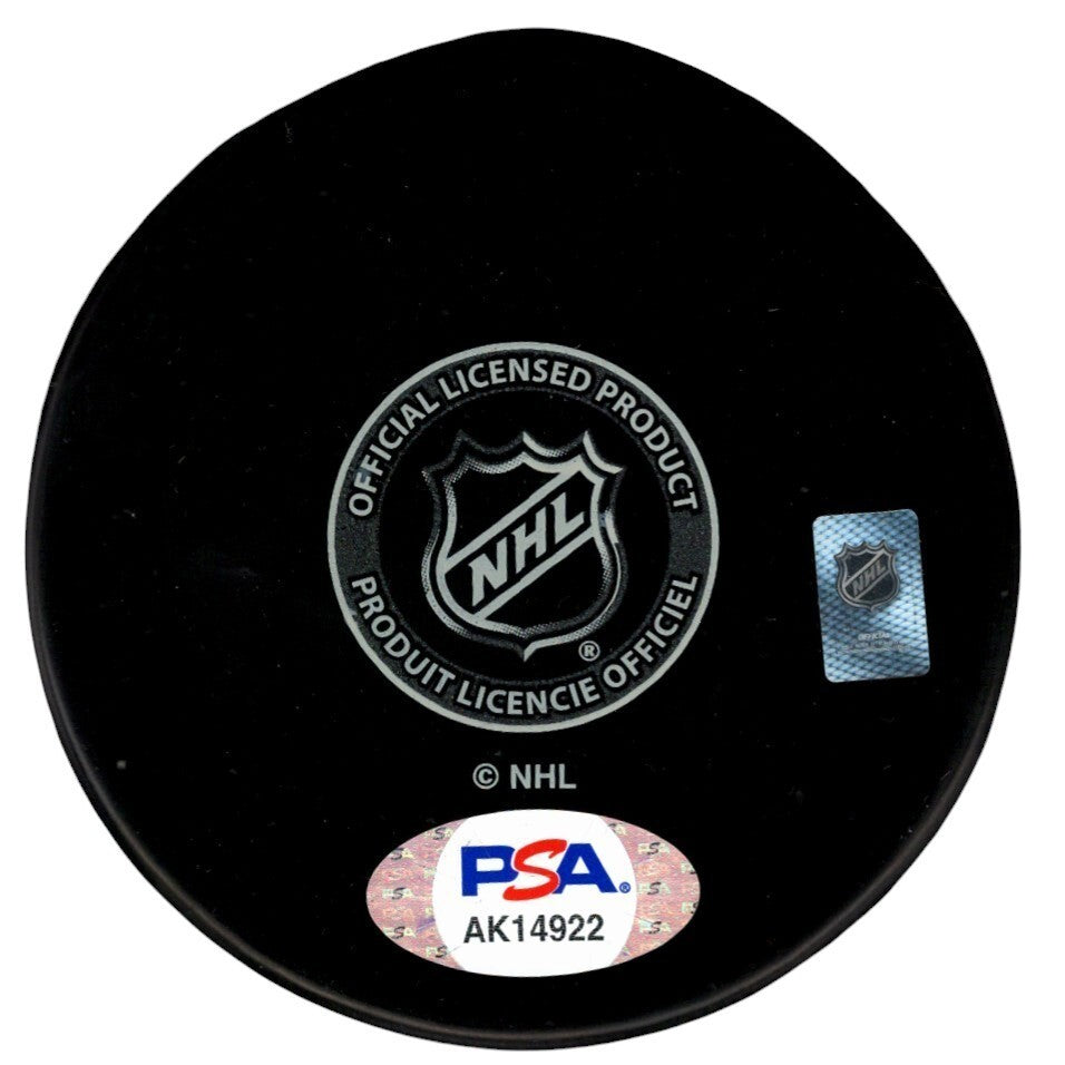 Gilles Villemure Signed New York Rangers Logo Puck w/ 1970-71 Vezina PSA COA1