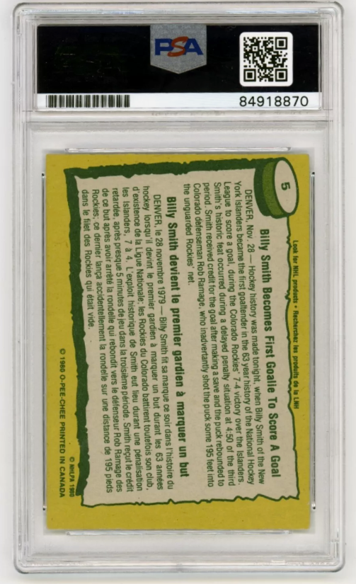 Billy Smith 1980-81 O-Pee-Chee OPC #5 Record Breaker Signed PSA Auth Auto Black1