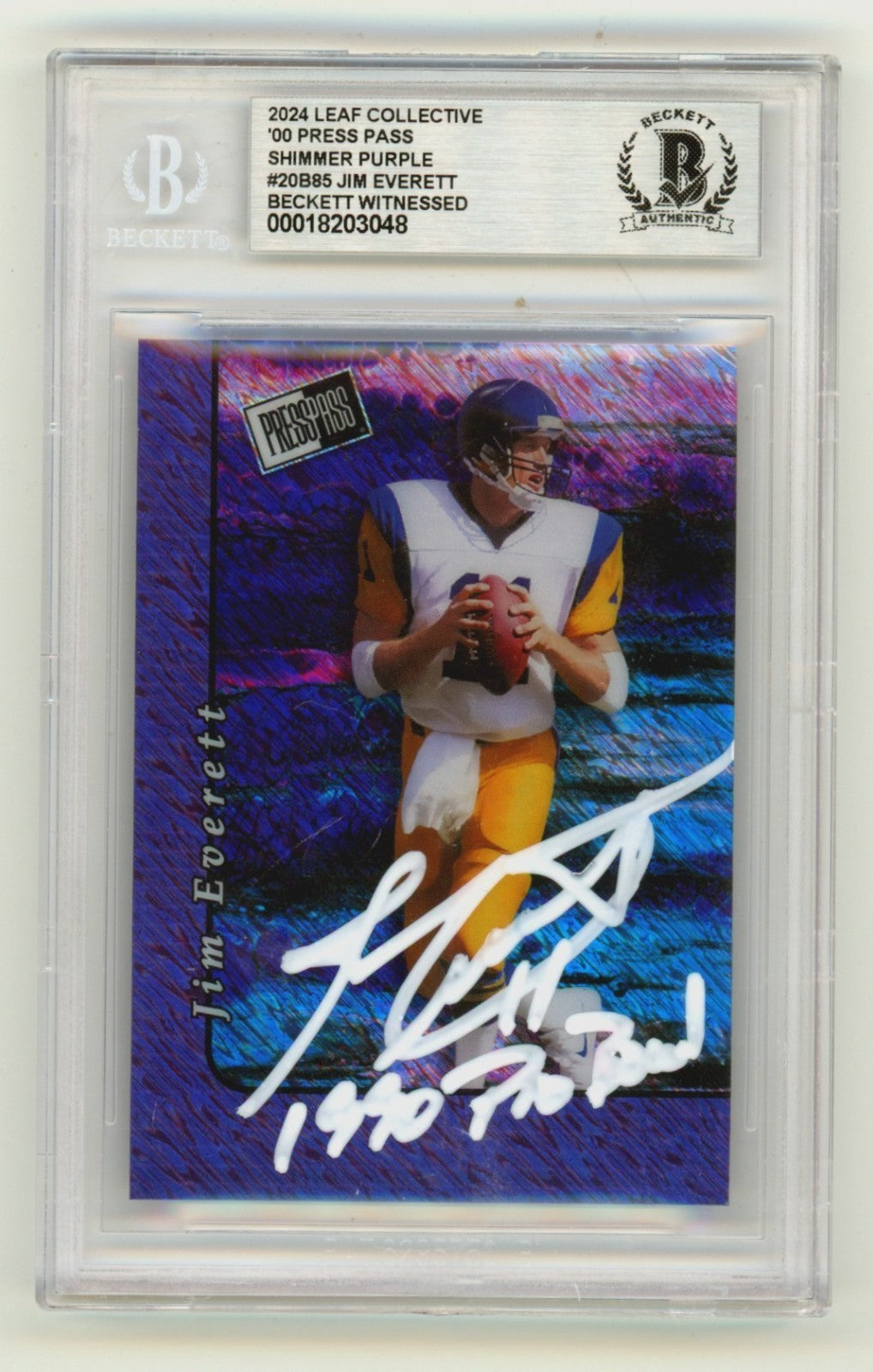 Jim Everett 2024 Leaf Press Pass Signed Shimmer Purple 1/1 w/ Insc. BGS BAS Auto0