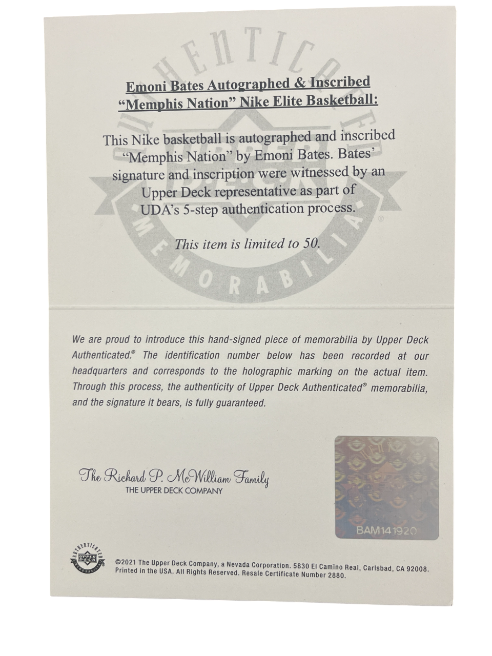 Emoni Bates Signed Nike Elite Basketball 1/50 Memphis Nation Upper Deck UDA COA5
