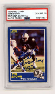 Tim Brown 1989 Score Football #86 Rookie RC w/ 2 Insc Signed PSA 10 Auto HOF A0