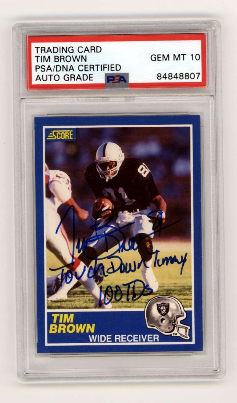 Tim Brown 1989 Score Football #86 Rookie RC w/ 2 Insc Signed PSA 10 Auto HOF A0