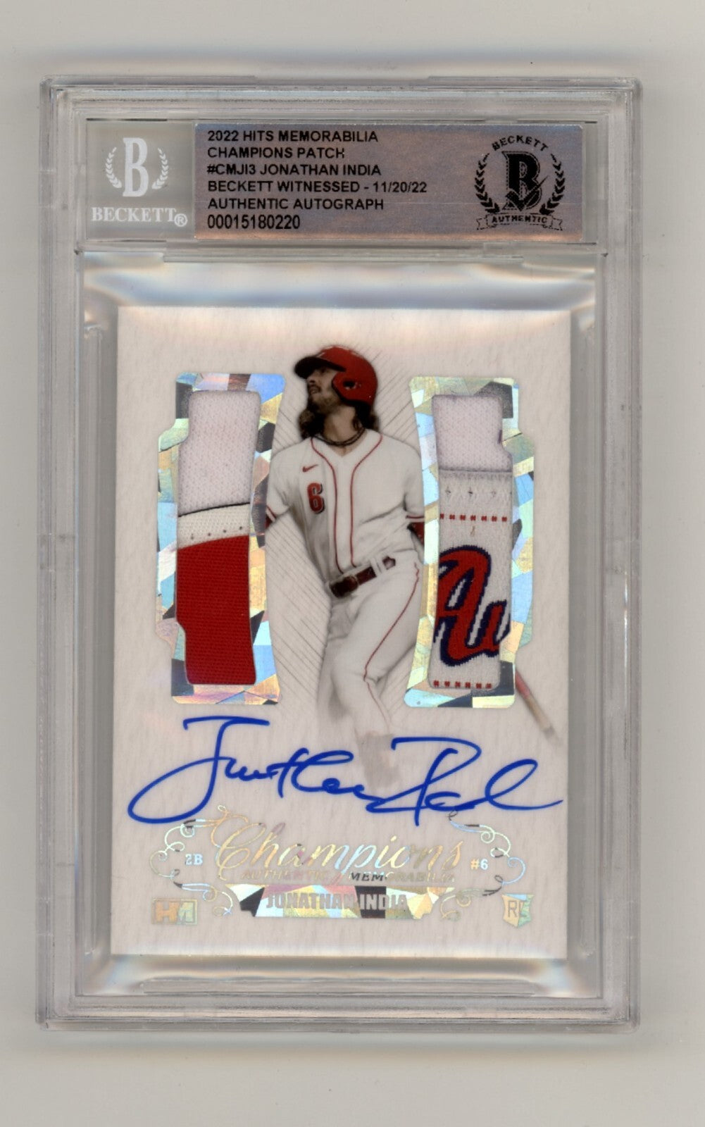 Jonathan India 2021 Hits Memorabilia Champions Ice Patch Dual Auto RC #6/6 BGS0