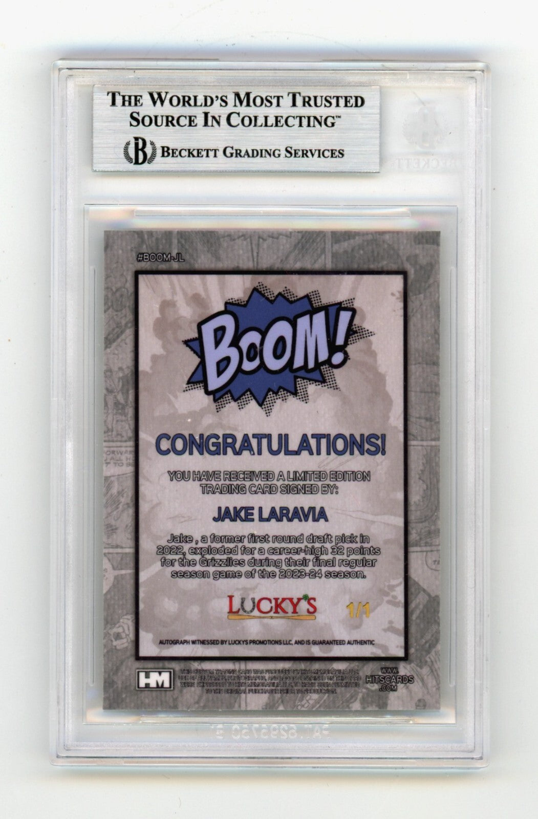 Jake LaRavia 2024 Hits Memorabilia BOOM Super 1/1 Signed BGS BAS Auto Memphis1