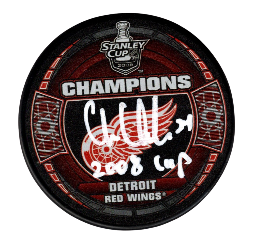 Chris Chelios Signed Auto 2008 Stanley Cup Puck w/ 2008 Cup Beckett BAS COA0