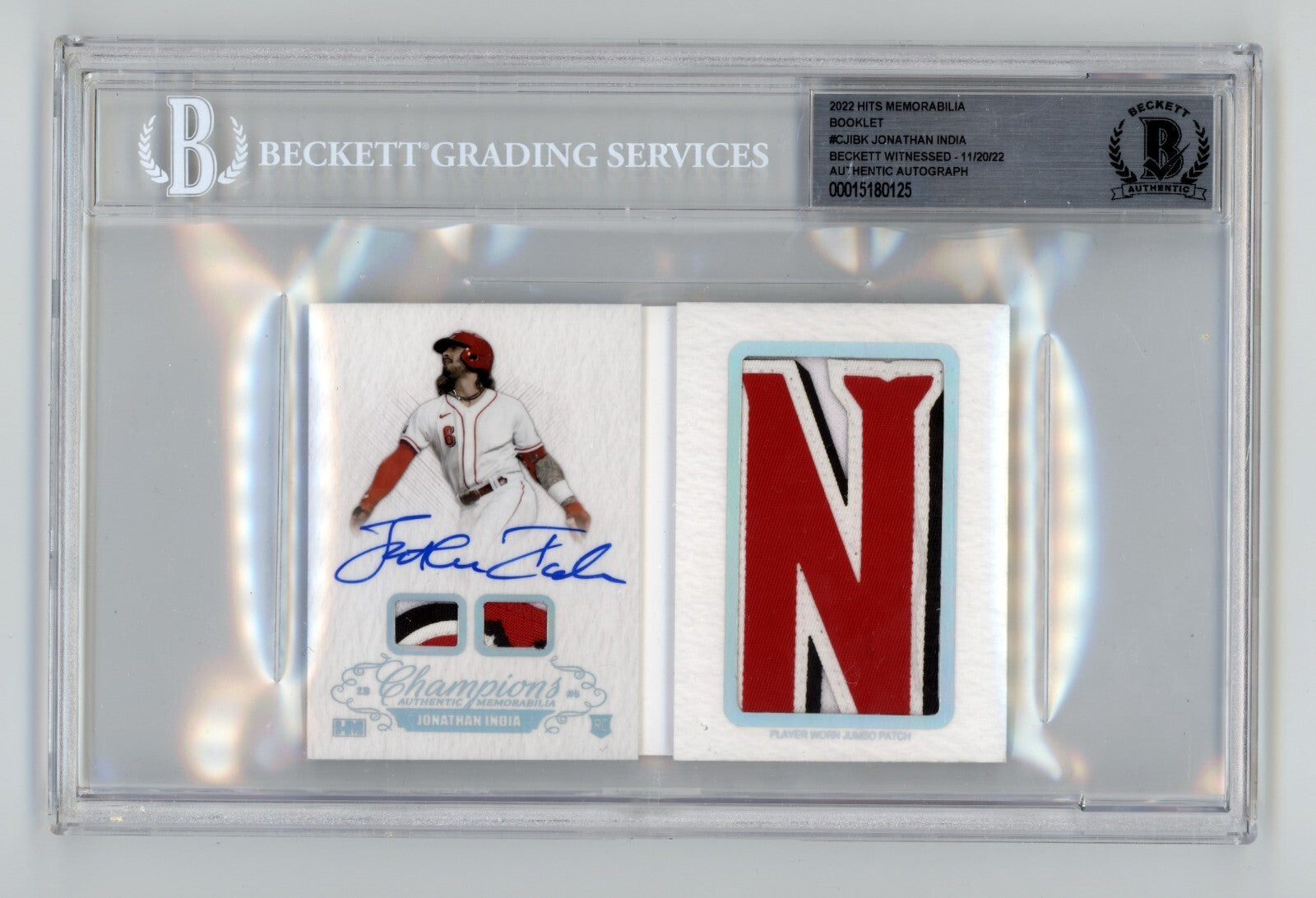 Jonathan India 2021 Hits Memorabilia Champions Letter Patch Auto Booklet #/6 BGS2