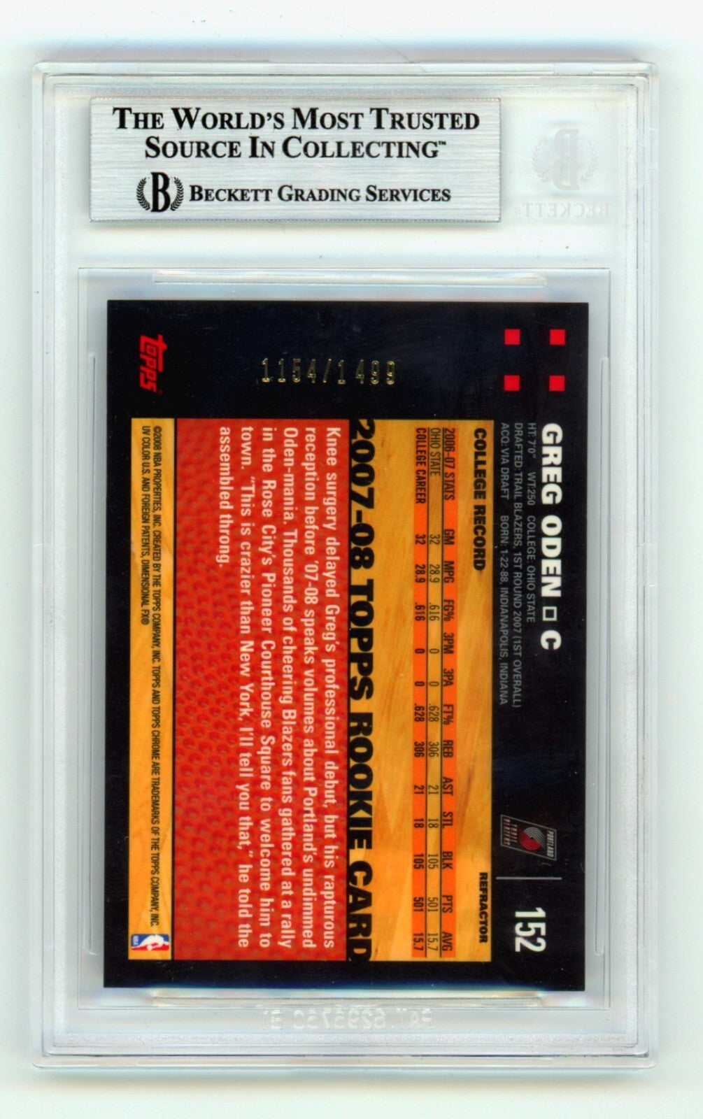Greg Oden 2007-08 Topps Chrome Refractor #/1499 RC Signed w #1 Pick BGS BAS Auto1