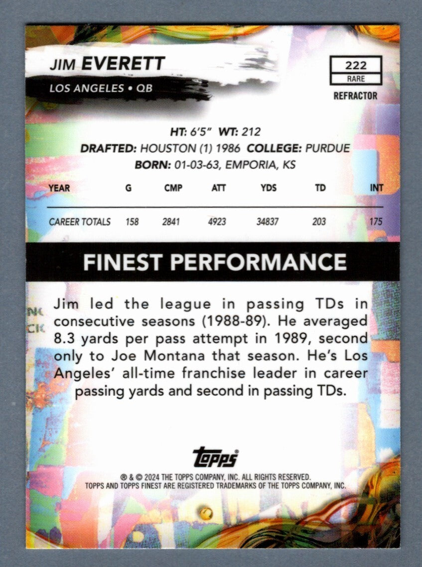 Jim Everett Signed 2024 Topps Finest #42 Refractor Rare w/ 90 Pro Bowl! LSCM COA1