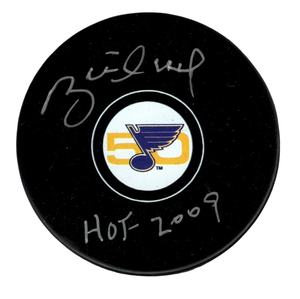 Brett Hull Signed Auto Blues 50th Anniversary Puck w/ HOF 2009 Beckett W BAS COA0