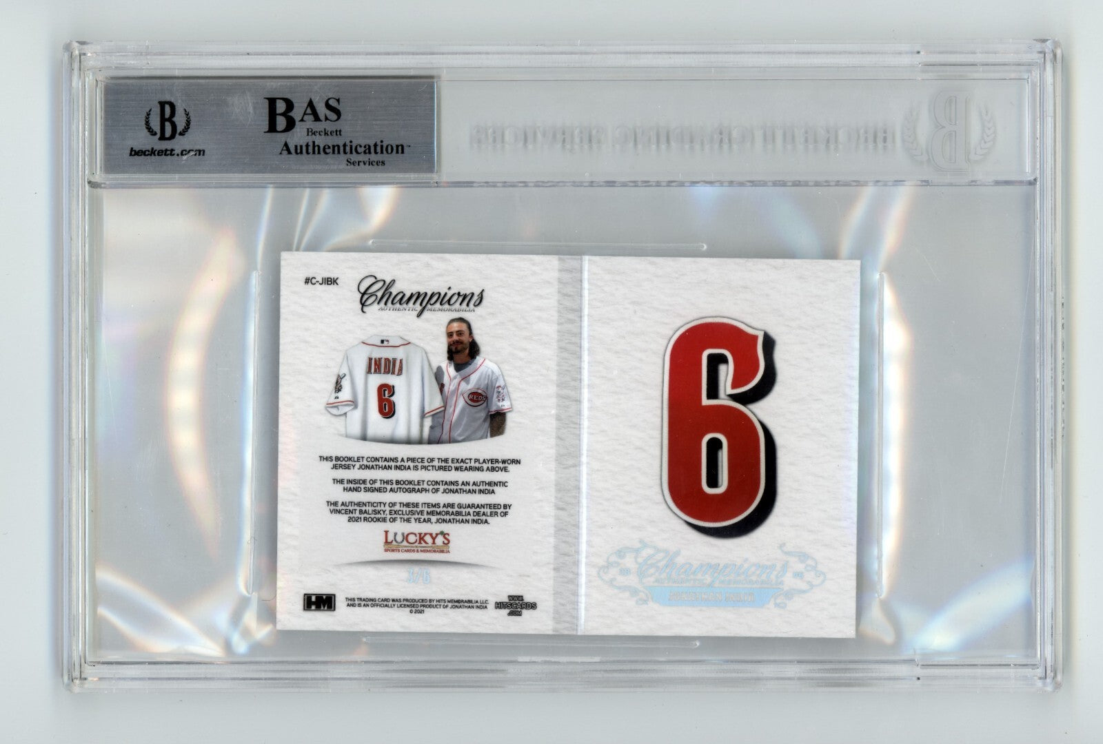 Jonathan India 2021 Hits Memorabilia Champions Letter Patch Auto Booklet #/6 BGS5