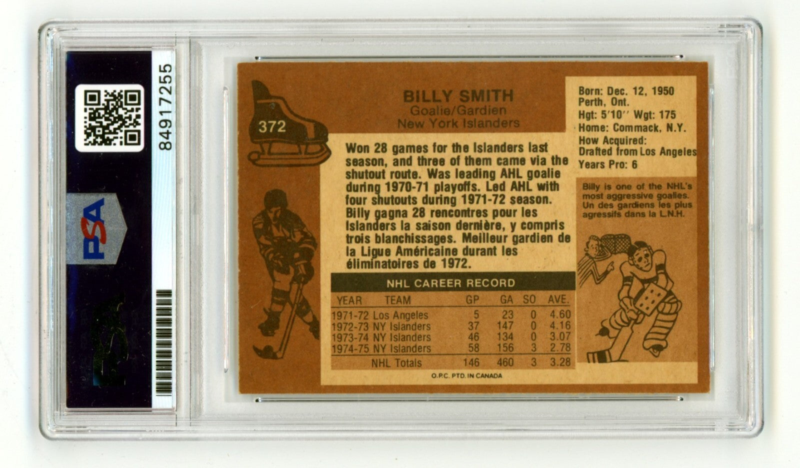 Billy Smith 1975-76 O-Pee-Chee OPC #372 Signed PSA Authentic Blue Auto Islanders1