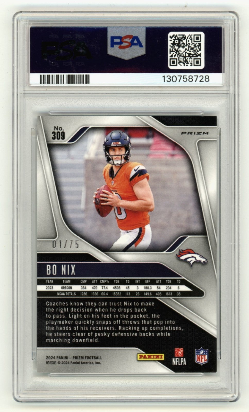 Bo Nix 2024 Panini Prizm #309 Green Scope Signed Rookie RC #1/75 PSA Auto1