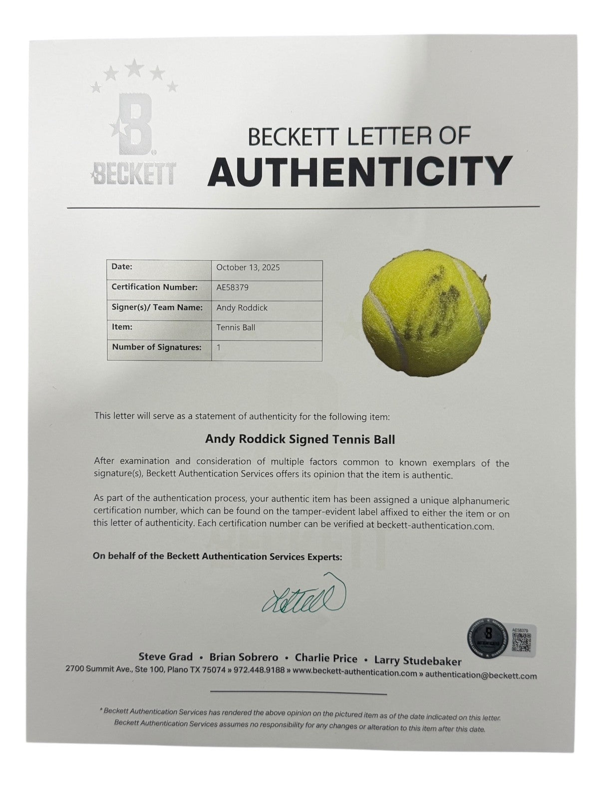 Andy Roddick Signed Autographed PENN Tennis Ball Beckett BAS COA2