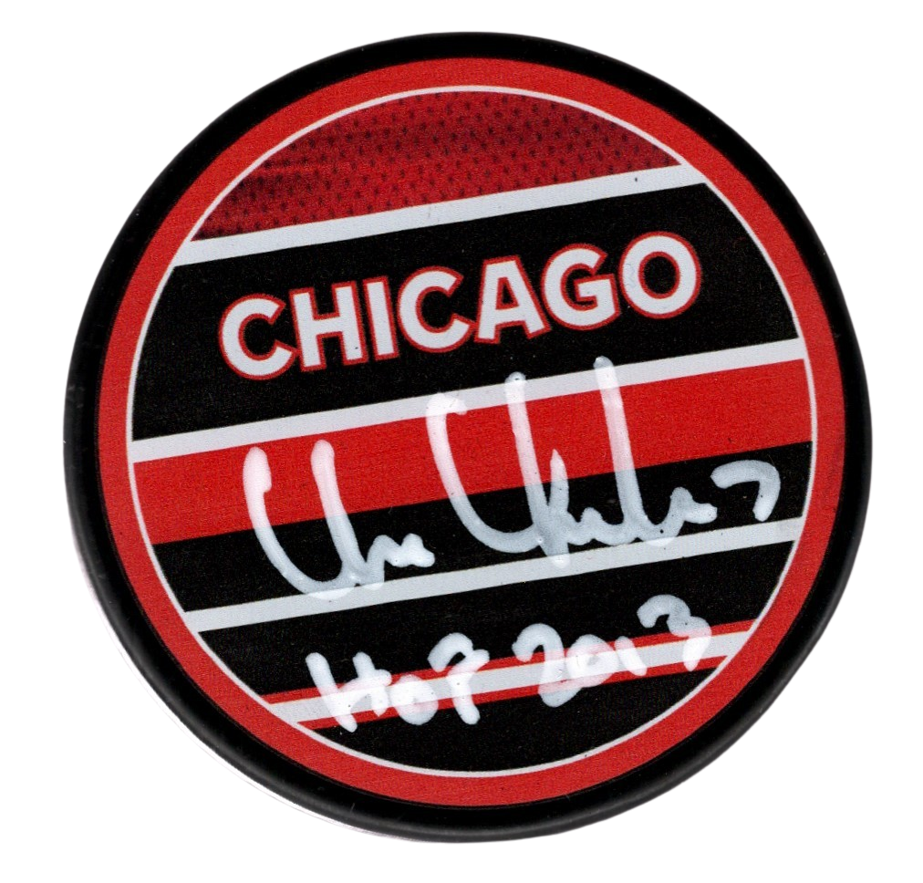 Chris Chelios Signed Blackhawks Reverse Retro Puck w/ HOF 2013 Beckett W BAS COA0