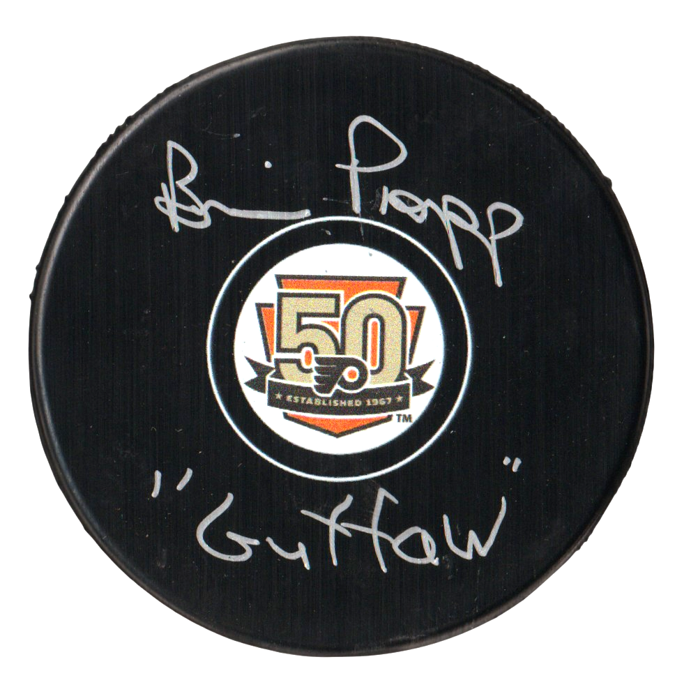 Brian Propp Signed Philadelphia Flyers 50th Puck w/ Guffaw Beckett Wit BAS COA0