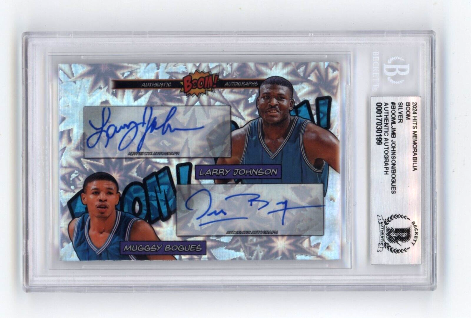 Larry Johnson & Muggsy Bogues 2024 Hits BOOM Silver Dual Signed BGS BAS Auto0