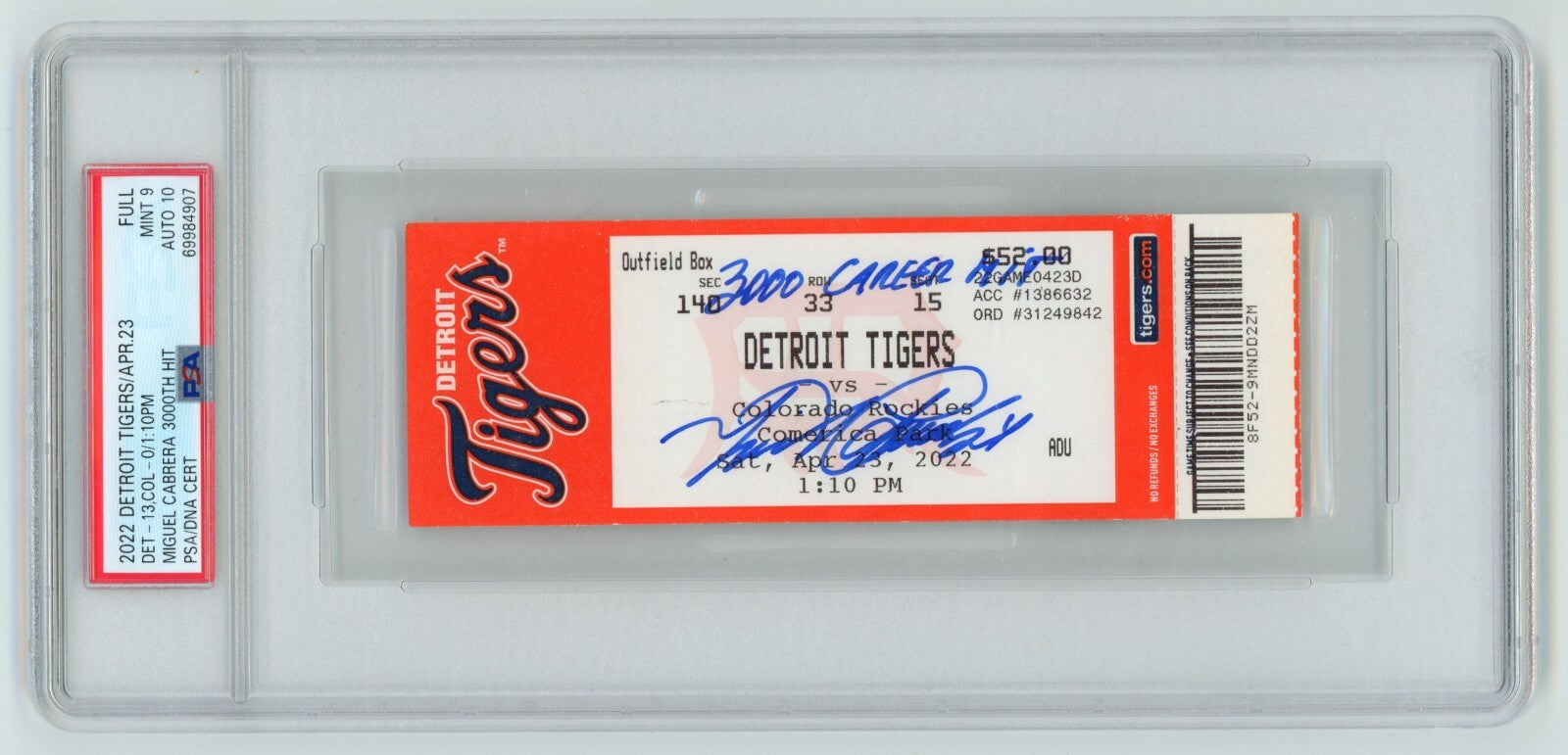Miguel Cabrera Signed 3000th Hit Ticket 4/23/2022 w/ Inscription PSA 9 + Auto 100