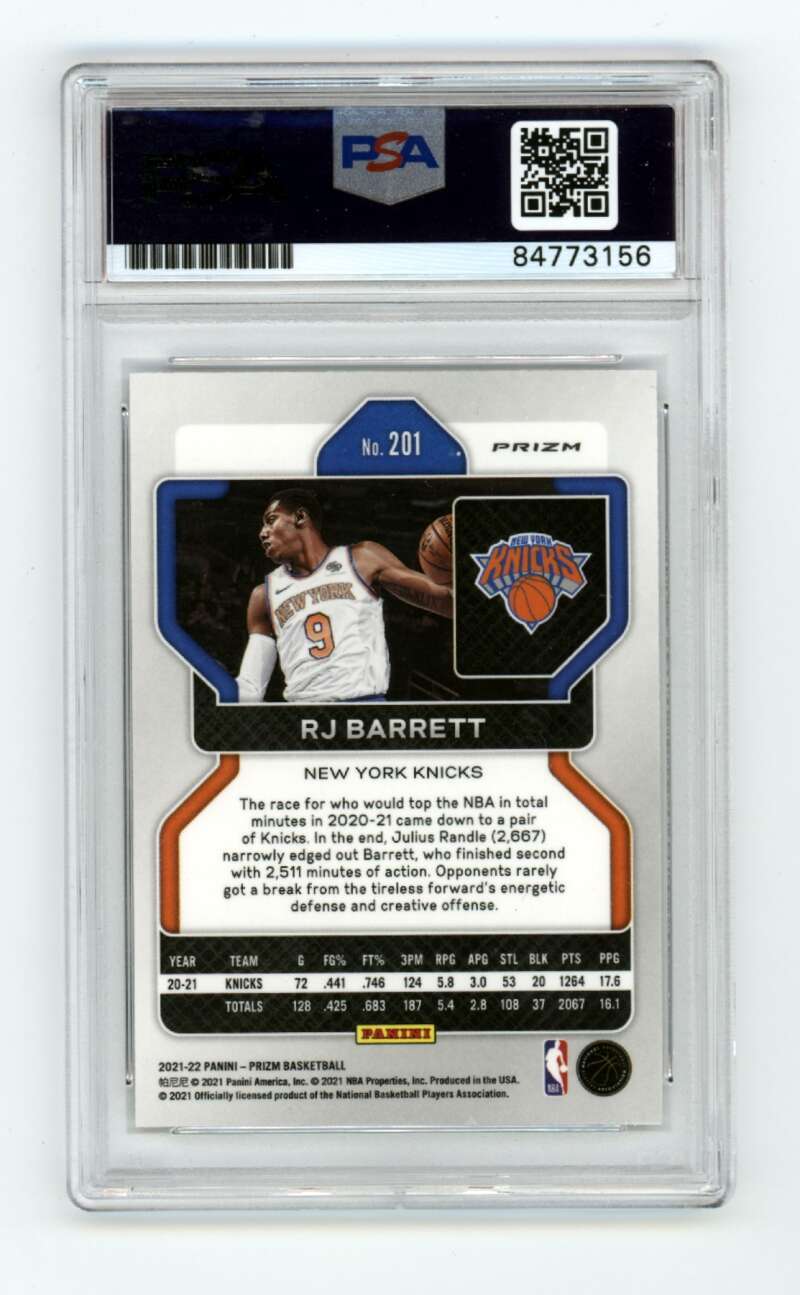 RJ Barrett 2021-22 Panini Prizm #201 White Sparkle SP Signed PSA 9 Auto Knicks1