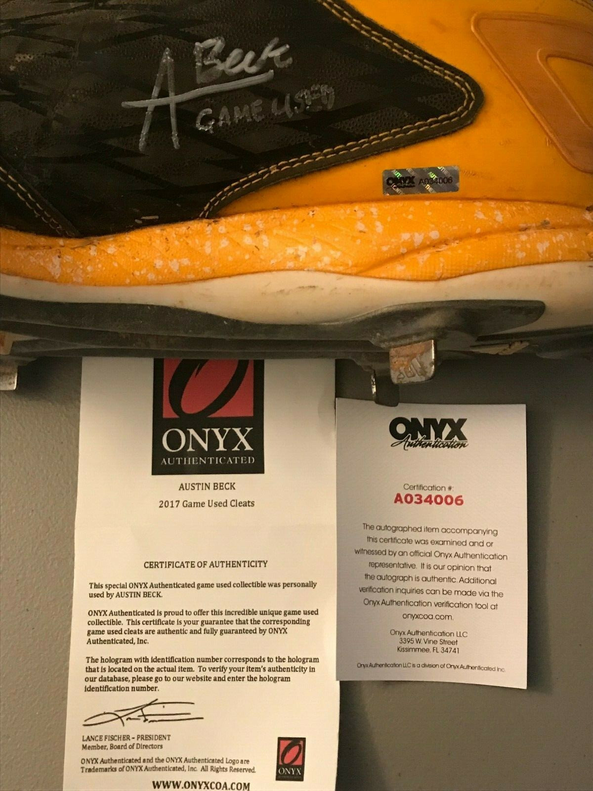 Austin Beck Signed Auto Autographed Game Used Cleats (PAIR) Onyx COA Athletics1