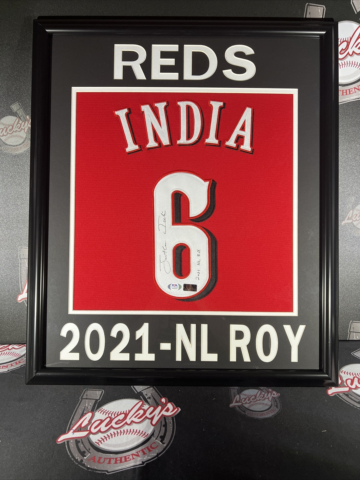 Jonathan India Signed Framed Custom Red Jersey w/ 2021 NL ROY Reds PSA ITP COA0