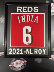 Jonathan India Signed Framed Custom Red Jersey w/ 2021 NL ROY Reds PSA ITP COA0