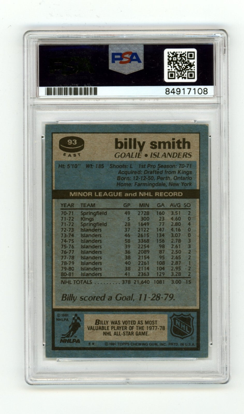 Billy Smith 1981-82 Topps East #93 Signed PSA Authentic Black Auto Islanders HOF1
