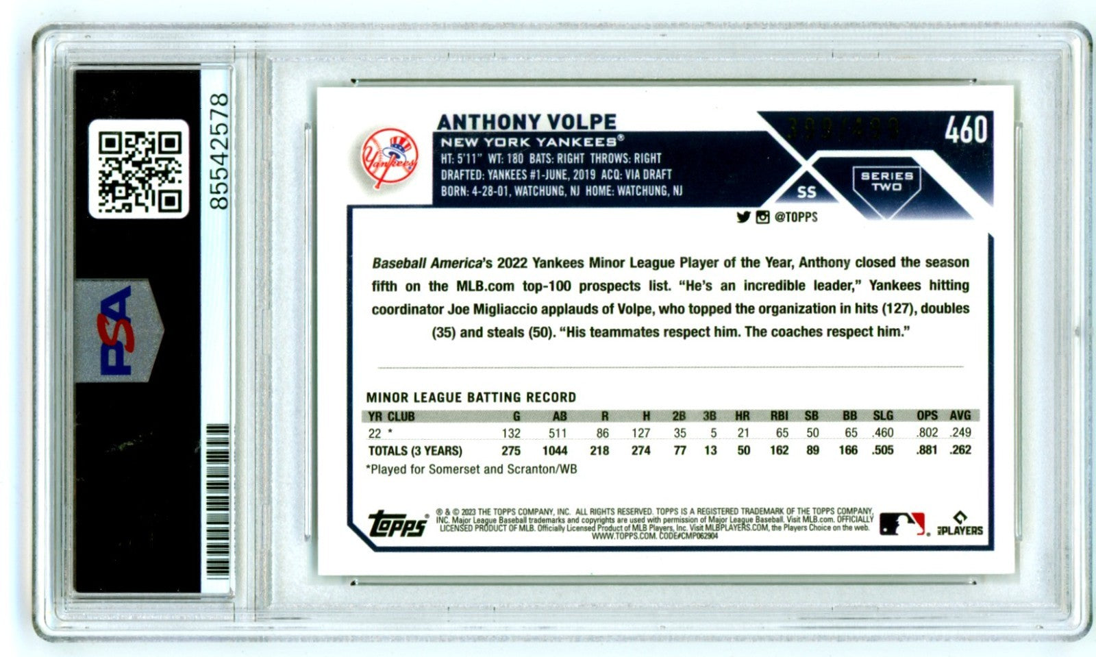 Anthony Volpe 2023 Topps Series 2 460 Green Foilboard RC /499 PSA Authentic Auto1