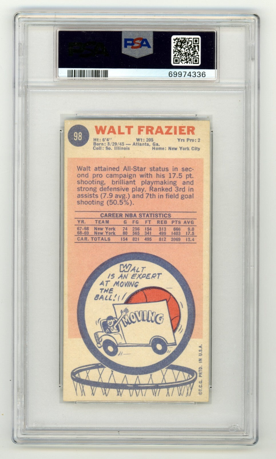 Walt Frazier 1969 Topps #98 Tall Boy Rookie RC 3 Insc Signed Auto PSA 5 Auto 101