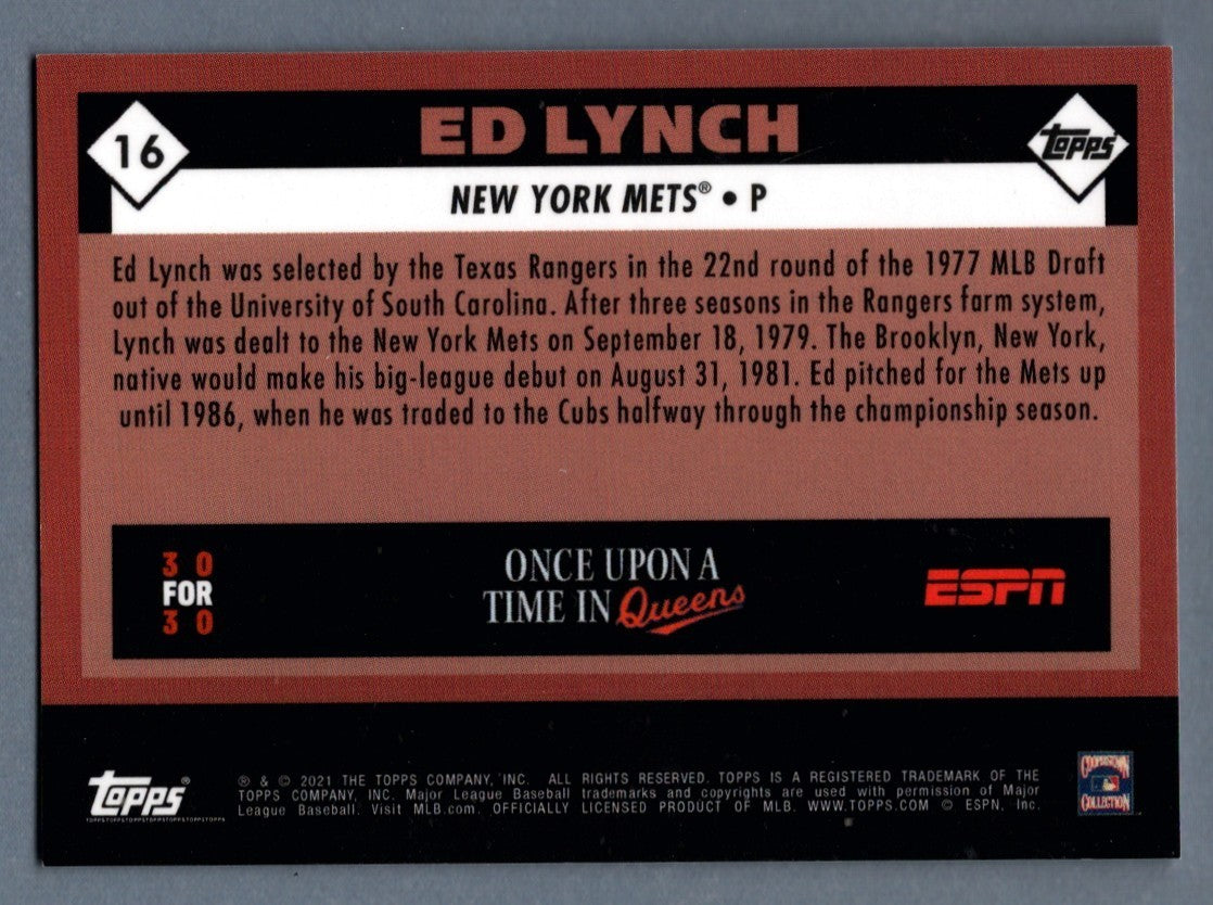 Ed Lynch Signed 2021 Topps Once Upon a Time in Queens #16 B/W LSCM COA Mets1