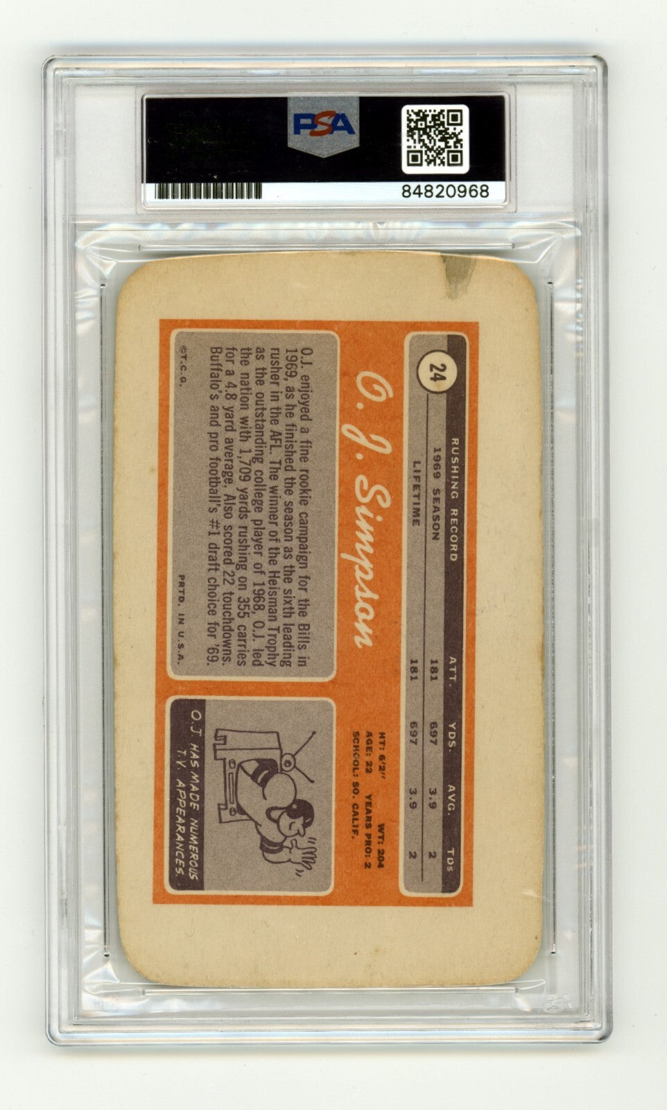 O.J. Simpson 1970 Topps Super 22 Rookie RC Signed PSA Authentic Auto Bills HOF B1