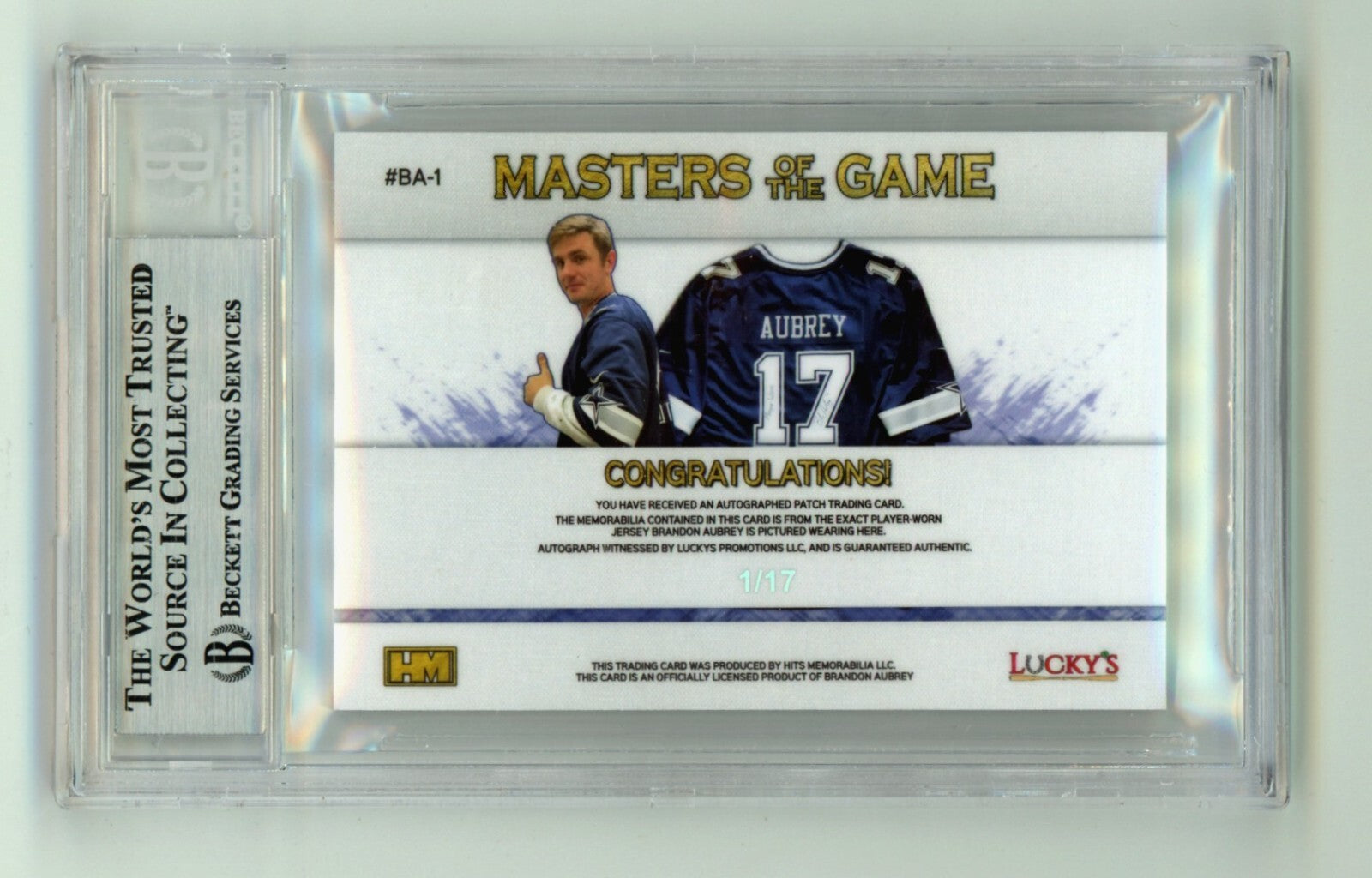 Brandon Aubrey 2023 Hits Memorabilia Silver H RPA Patch Auto RC #/17 BGS BAS4