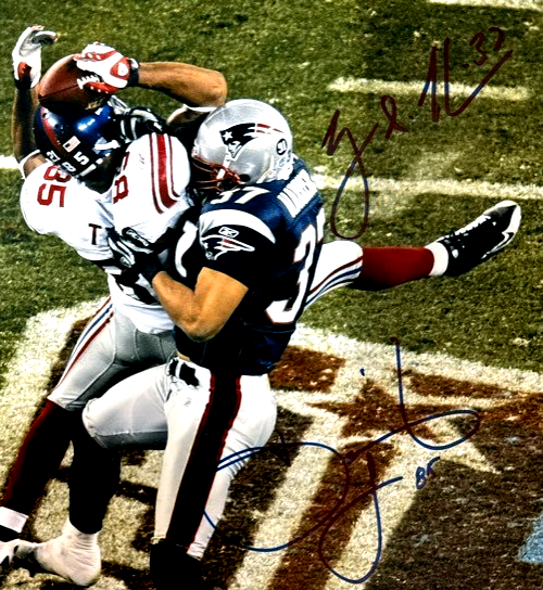 David Tyree & Rodney Harrison Dual Signed 11x14 Photo Beckett Witness BAS COA1