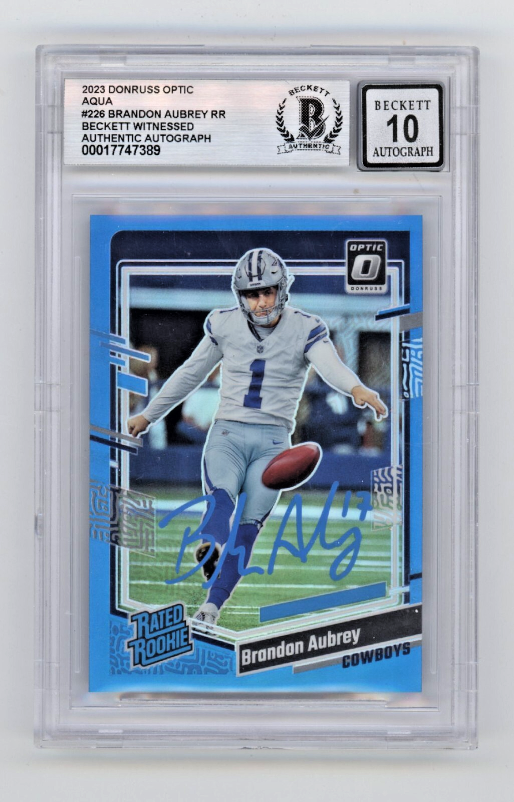 Brandon Aubrey 2023 Donruss Optic Aqua 226 RC #/299 Signed Beckett BGS 10 Auto0