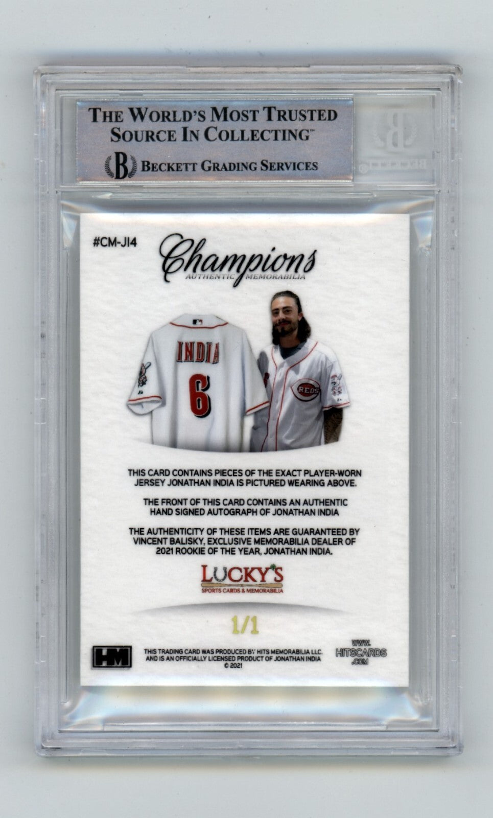 Jonathan India 2021 Hits Memorabilia Champions Gold Logoman Patch Auto RC /1 BGS1
