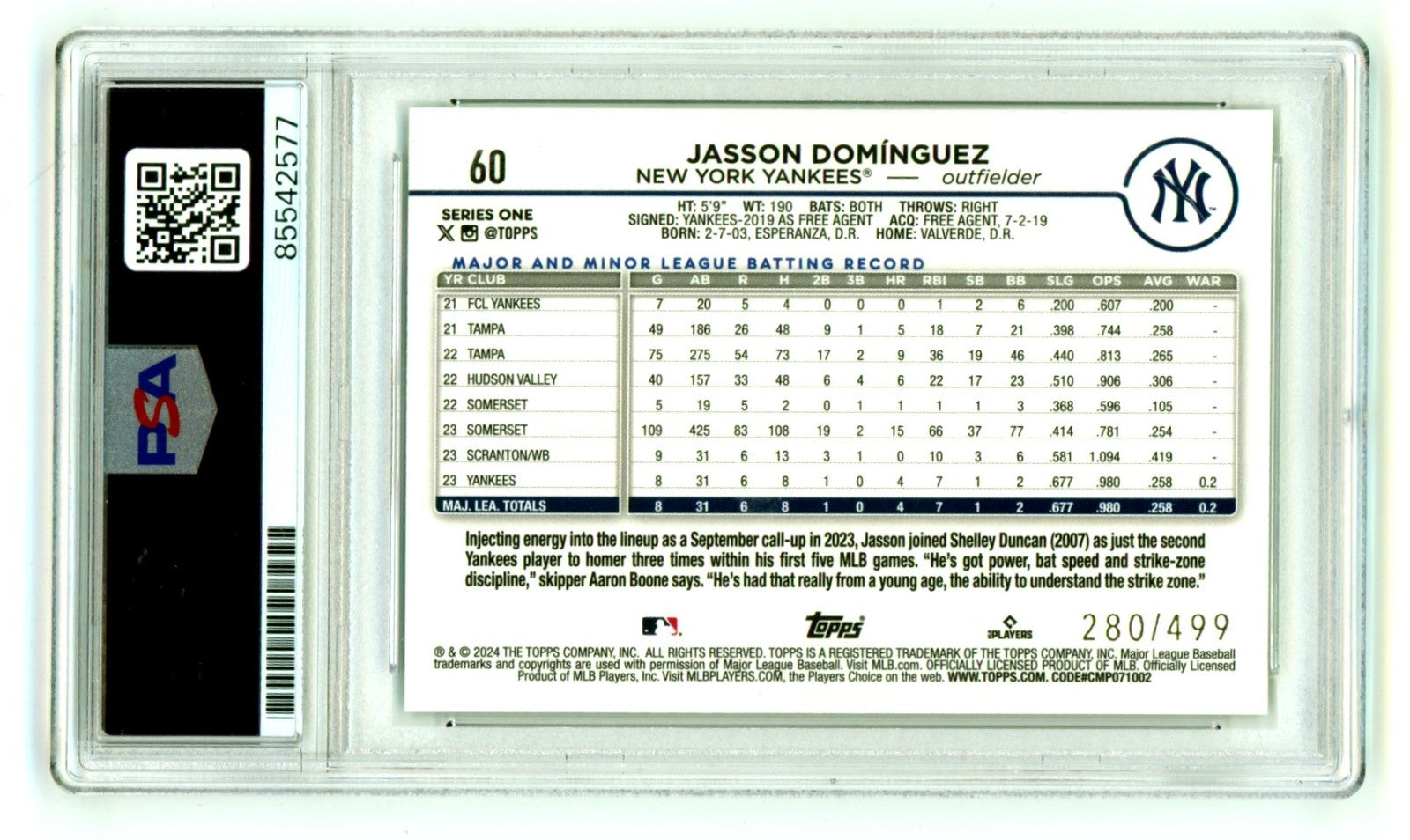 Jasson Dominguez 2024 Topps #60 Green Foilboard RC /499 PSA Authentic Auto1