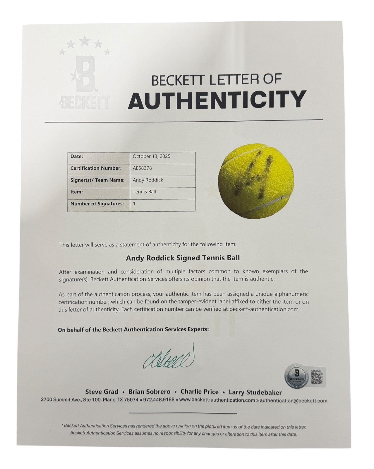 Andy Roddick Signed Autographed Wilson US Open Tennis Ball Beckett BAS COA2