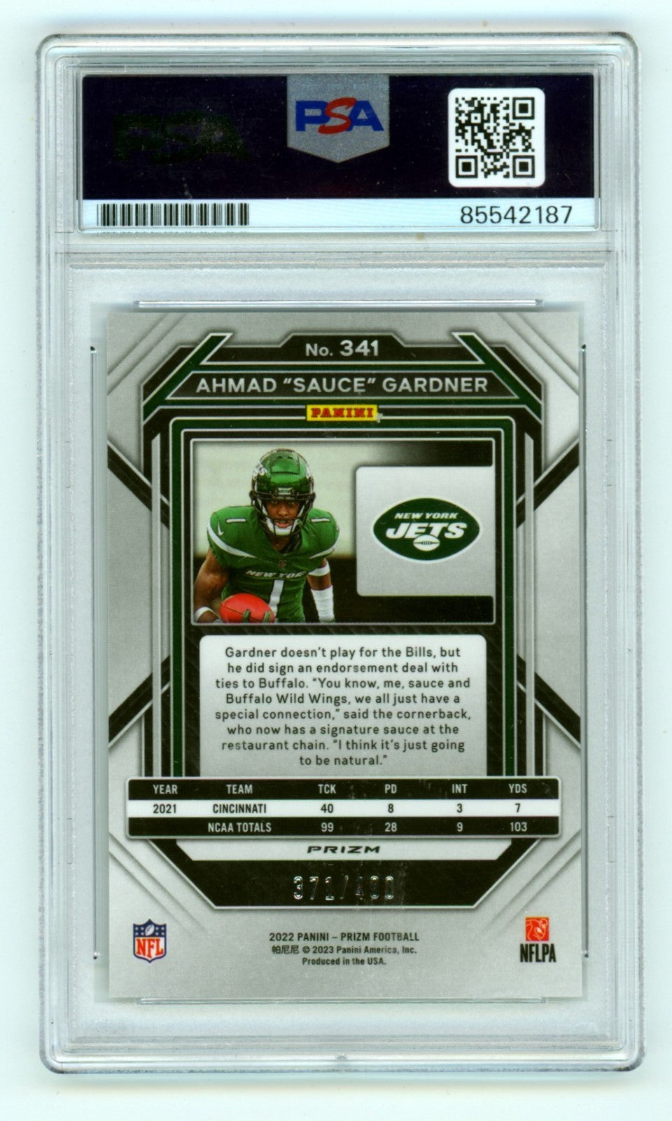 Ahmad Sauce Gardner 2022 Panini Prizm #341 Pandora /400 RC Insc. Signed PSA Auto1